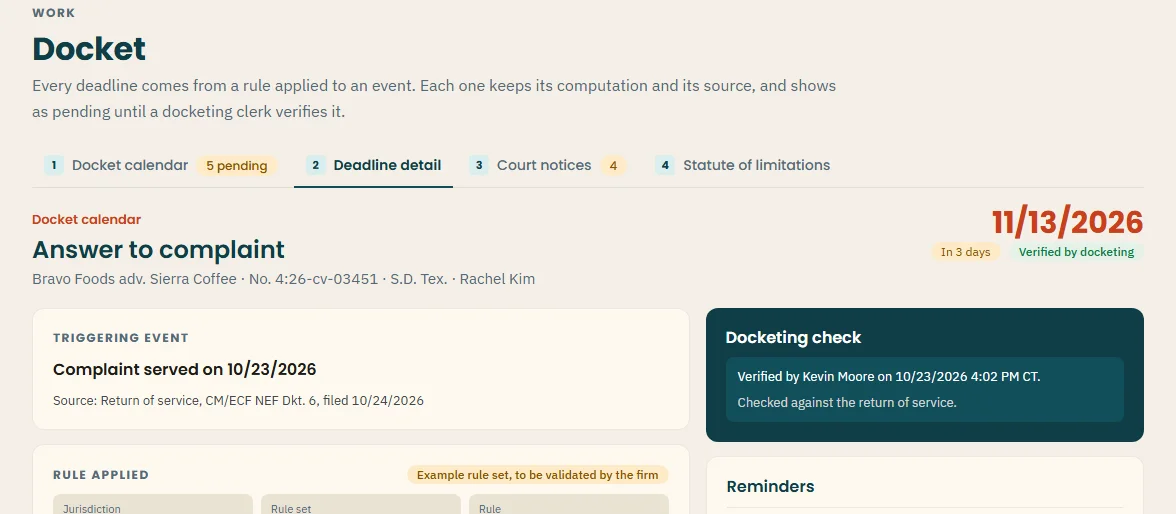 Docket in a U.S. demo firm