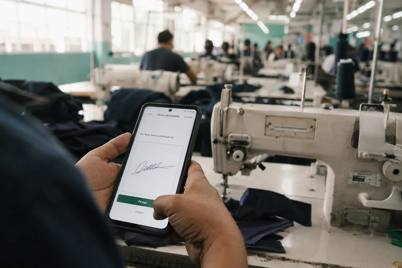 Operaria de una planta de manufactura firmando su recibo de nómina desde el celular, junto a su máquina de coser